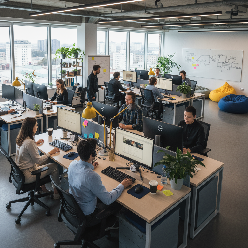 Equipe de atendimento da Talk360 trabalhando em um escritório moderno