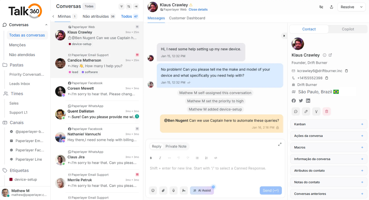Dashboard de conversas do Talk360 reunindo WhatsApp, e-mail e redes sociais